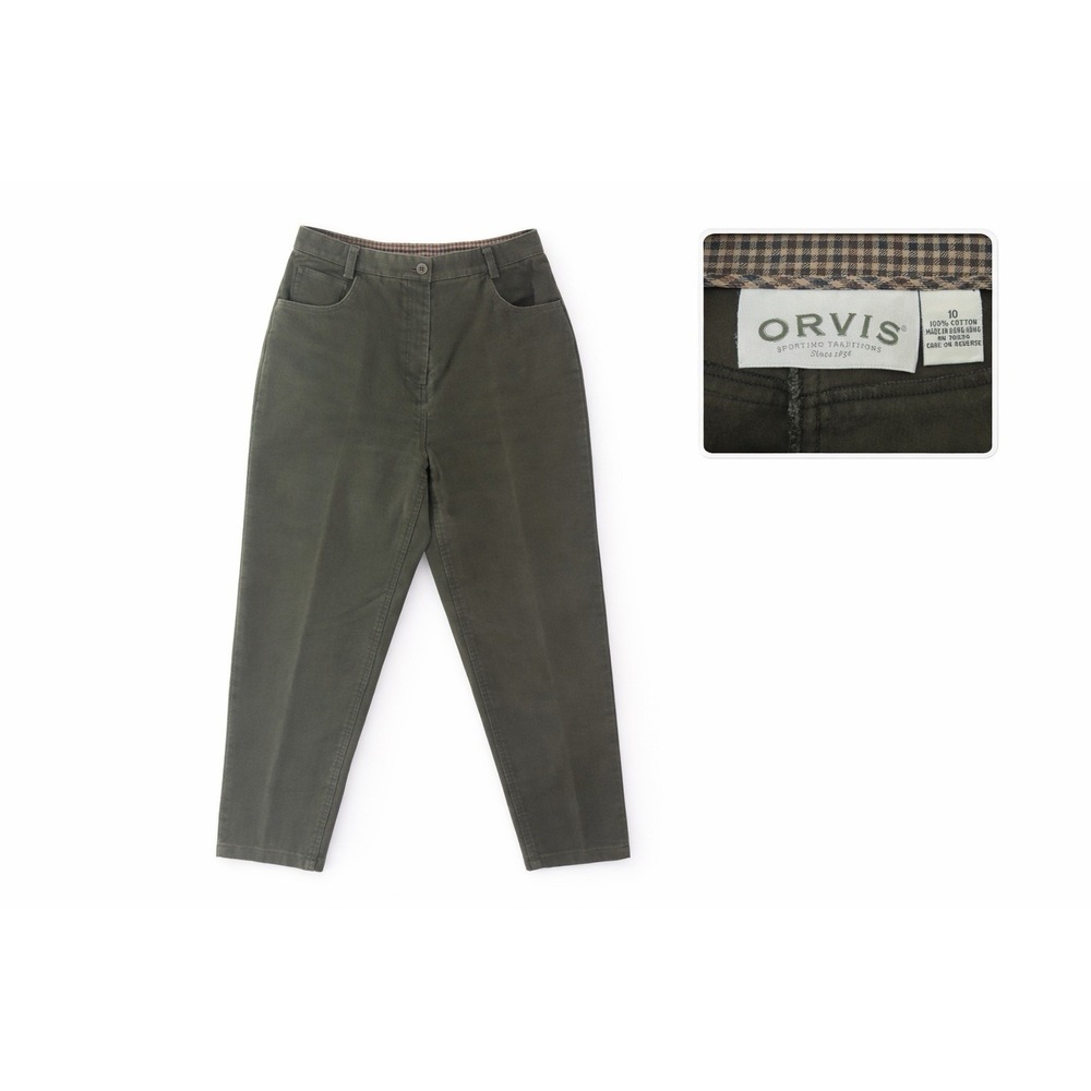 Orvis Womens Olive Green Cotton Moleskin Pants High Rise Plaid Lined Size 10